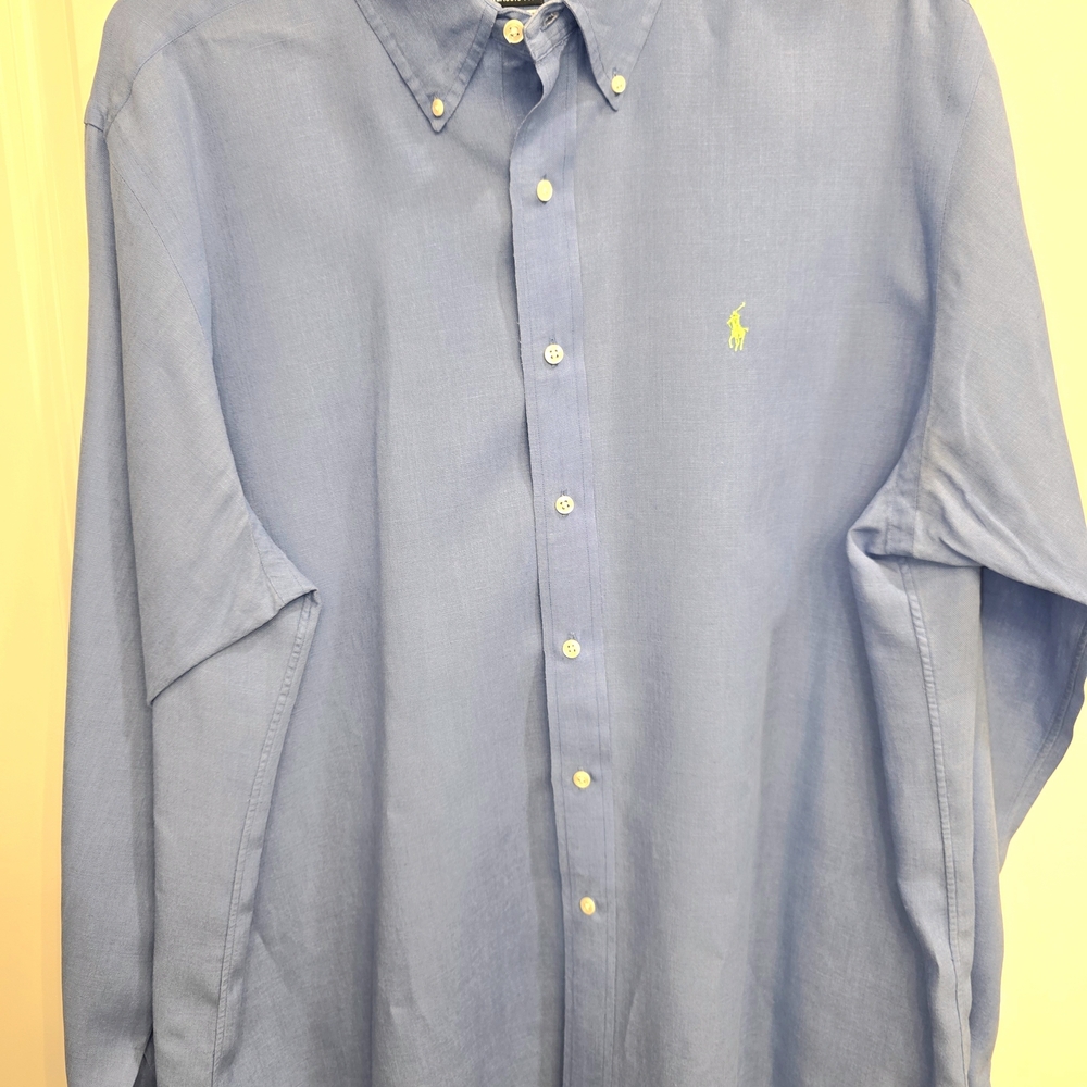 Polo Ralph Lauren XL Men’s Linen Shirt – Serene Sky Blue with yelllow pony